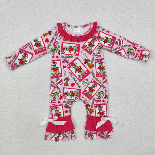 LR2006 Hot pink ruffle green face baby girls Christmas romper
