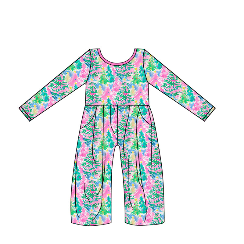 NO MOQ sales LR2016 pre-order baby girls clothes Christmas colorful trees long sleeve jumpsuit -2024.9.19