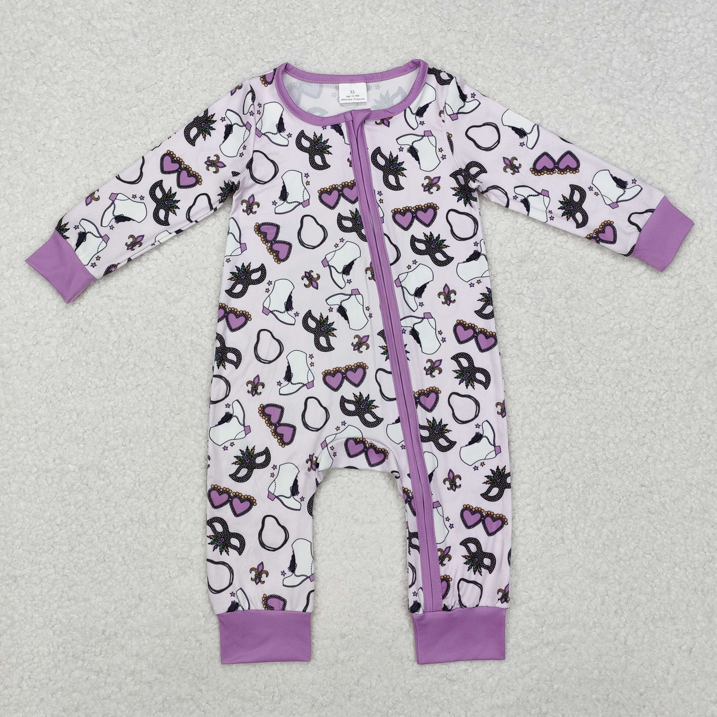LR2038 Purple glasses baby girls Mardi Gras zipper romper