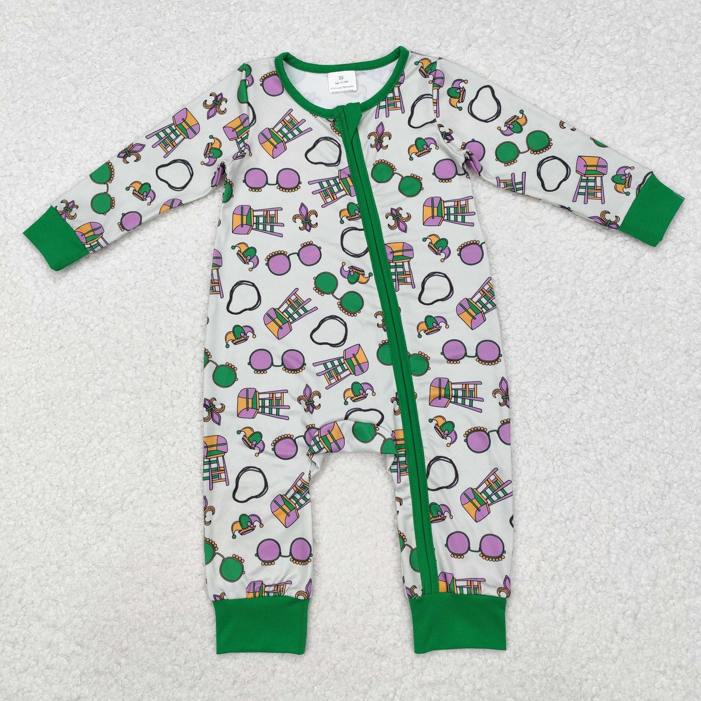 LR2039 Green glasses baby boys Mardi Gras zipper romper