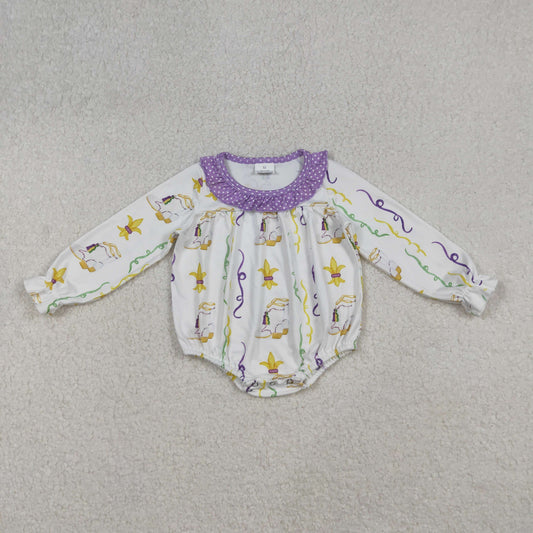 9.29 RTS NO MOQ （In stock）LR2042 Baby Girls Winter Rompers Baby Infant Girls Mardigras Anchors Boots Stripe Ruffle Rompers