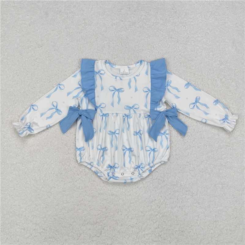 USA Warehouse (IN STOCK) LR2043 Light Blue Bow Long Sleeve Romper for Baby Girls Cute Infant Outfit