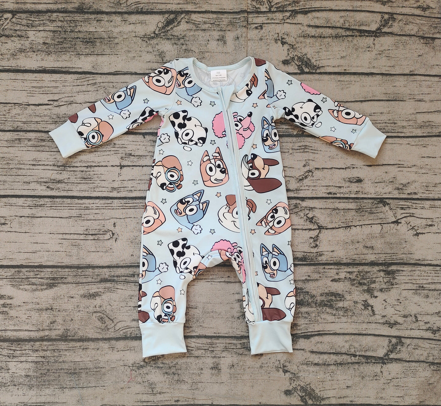 LR2062Long sleeves light blue dog baby kids zipper romper