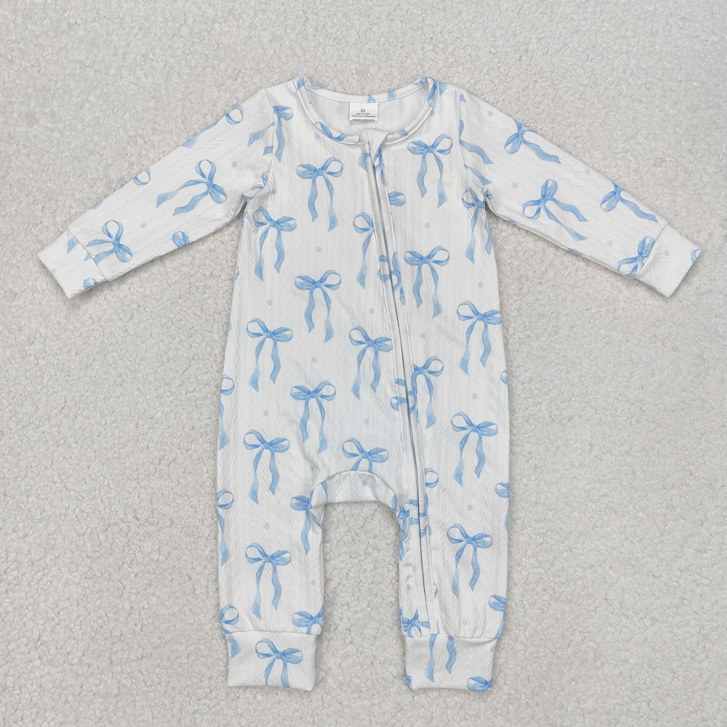 LR2070  Long sleeves light blue bow cable knit baby girl zipper romper