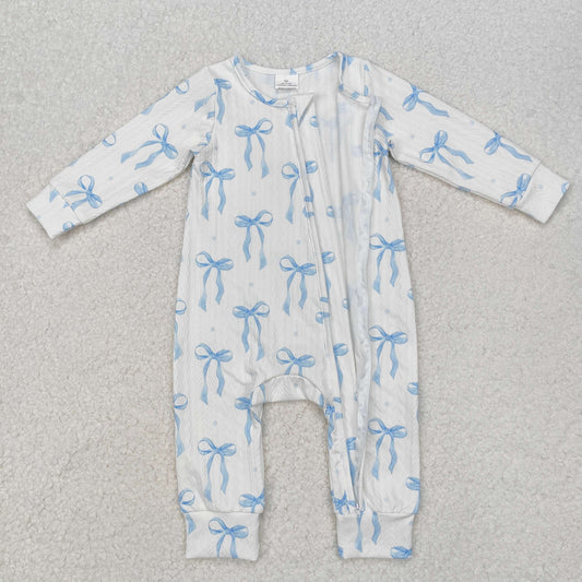 LR2070  Long sleeves light blue bow cable knit baby girl zipper romper