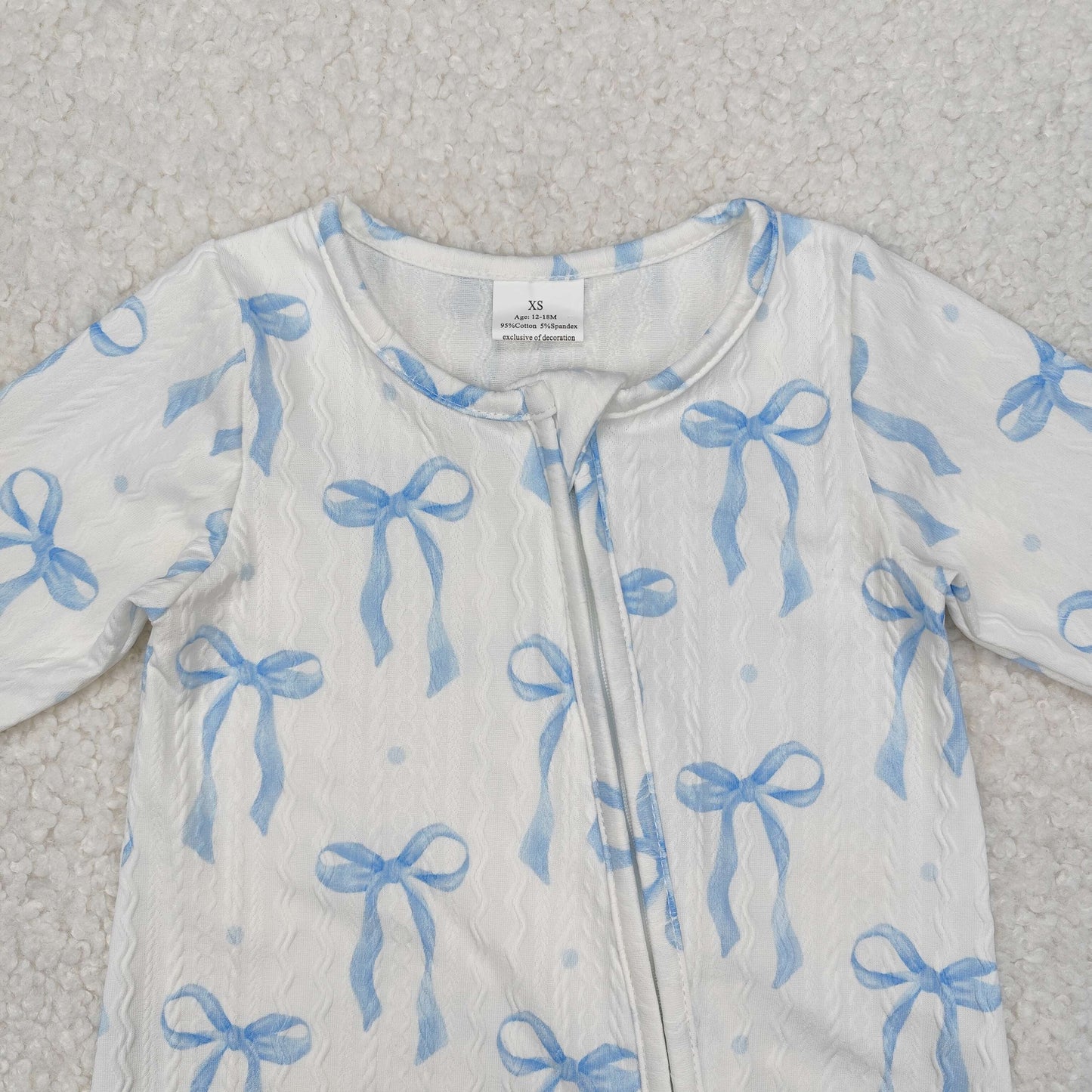 LR2070  Long sleeves light blue bow cable knit baby girl zipper romper