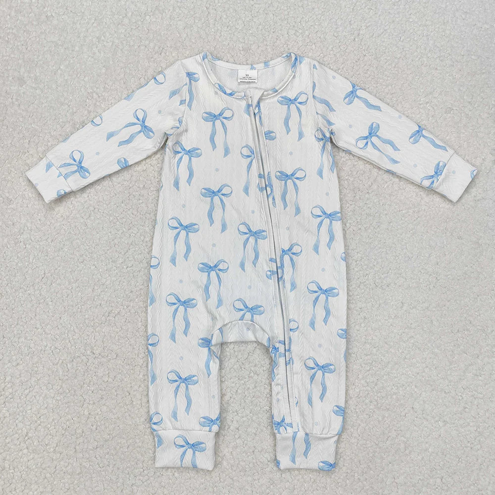 1.13 RTS Sibling Baby Girls Blue Bows Cable Print Rompers Pajamas Suits