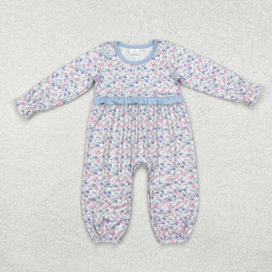 LR2072 Long sleeves light blue ruffle floral baby girls romper