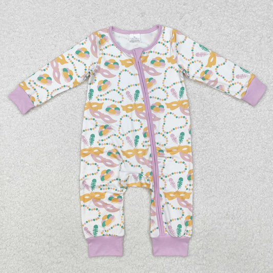 LR2097 Lavender baby girls mardi gras bamboo zipper romper