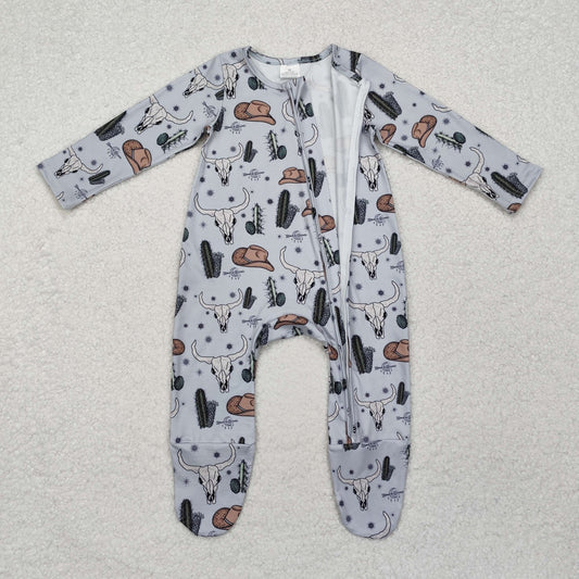 RTS Bull skull cactus hats baby western footed zip coverall