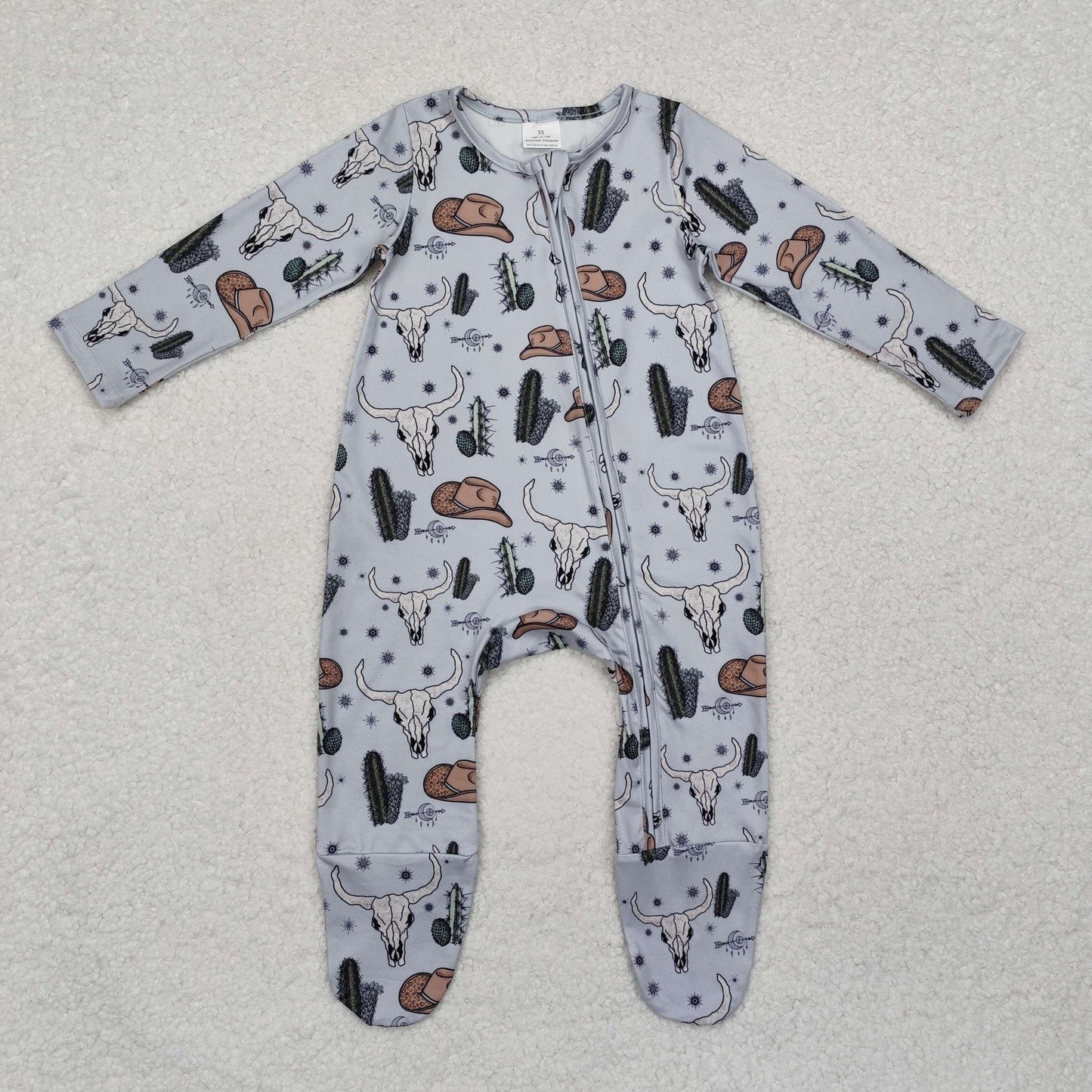 LR2098 Bull skull cactus hats baby western footed zip coverall