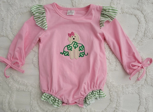 Baby Infant Girls St Patrick Dog Quatrefoil Rompers preorder LR2137