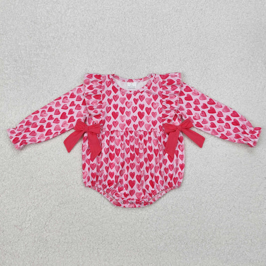 LR2146 Long sleeves pink heart bow baby girls valentine's romper