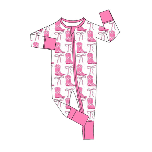 LR2149 Baby Infant Girls Pink Boots Bows Zip Rompers preorder