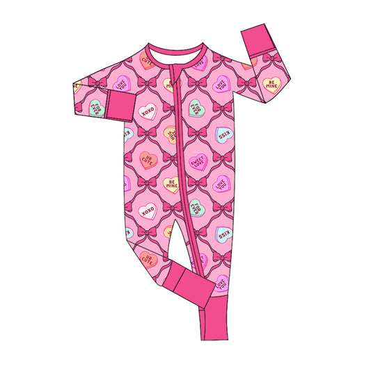 LR2150 Baby Infant Girls Valentines xoxo Hearts Bows Zip Rompers preorder