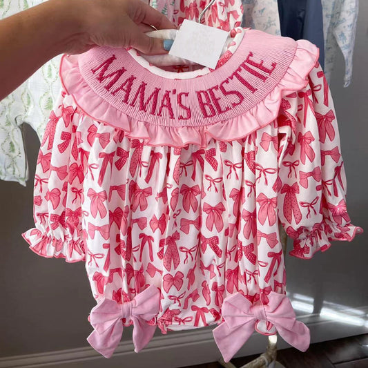 LR2153 Baby Infant Girls Pink Bows Mama's Bestie Rompers
