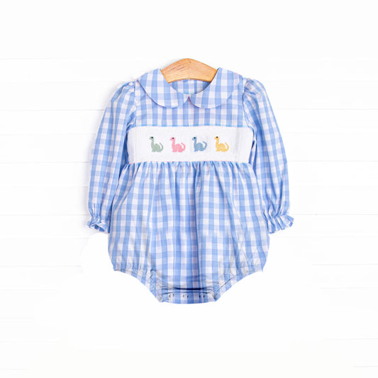 LR2178 Pre order Blue plaid long sleeves dinosaur baby girls romper