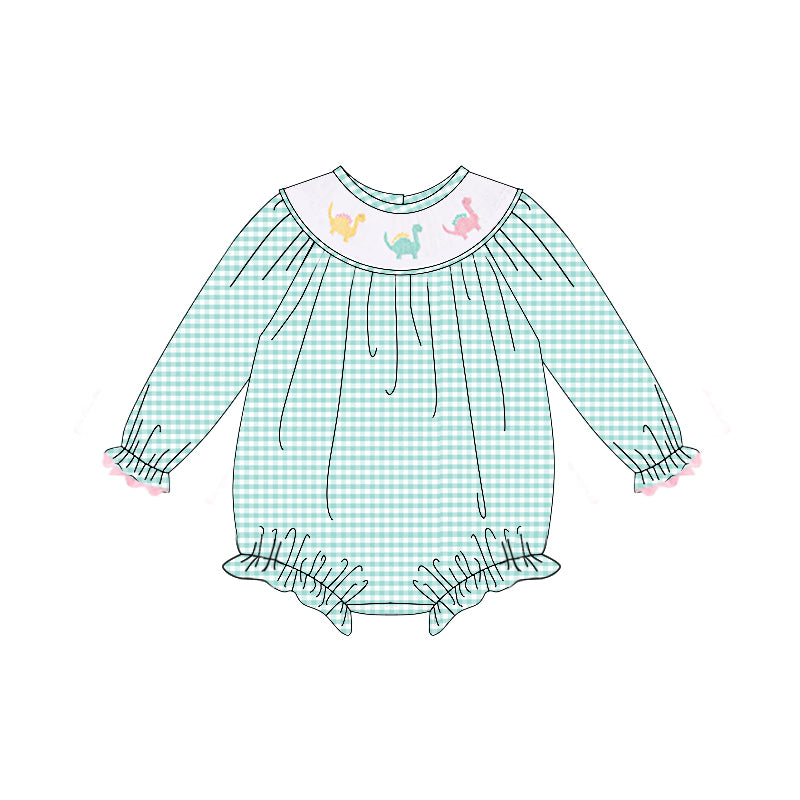 LR2179 Pre order Green plaid long sleeves dinosaur baby girls romper