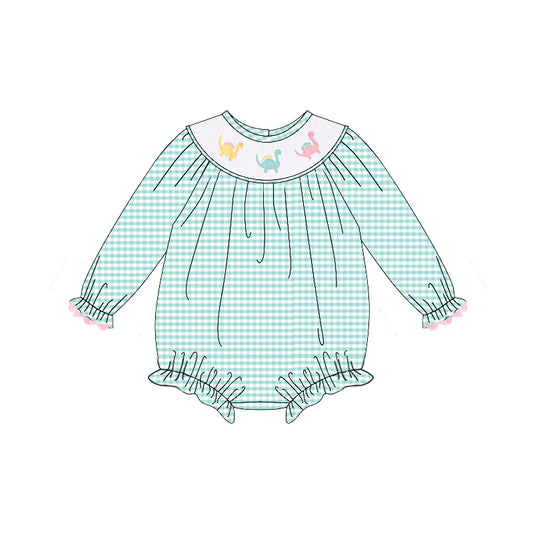 LR2179 Pre order Green plaid long sleeves dinosaur baby girls romper