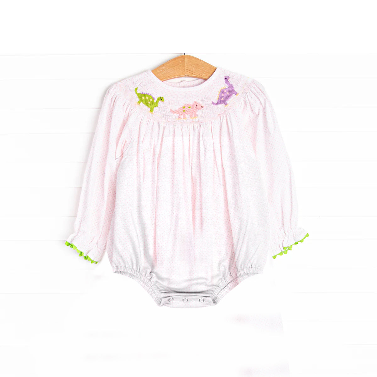 LR2180 Pre order Pink polka dots long sleeves dinosaur baby girls romper