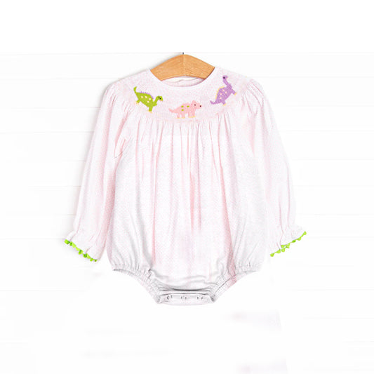 LR2180 Pre order Pink polka dots long sleeves dinosaur baby girls romper