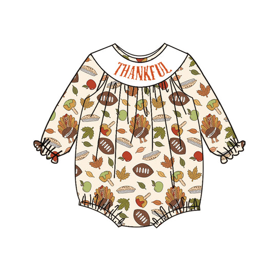 4.26 LR2183 Pre order Long sleeves football turkey girls Thanksgiving romper