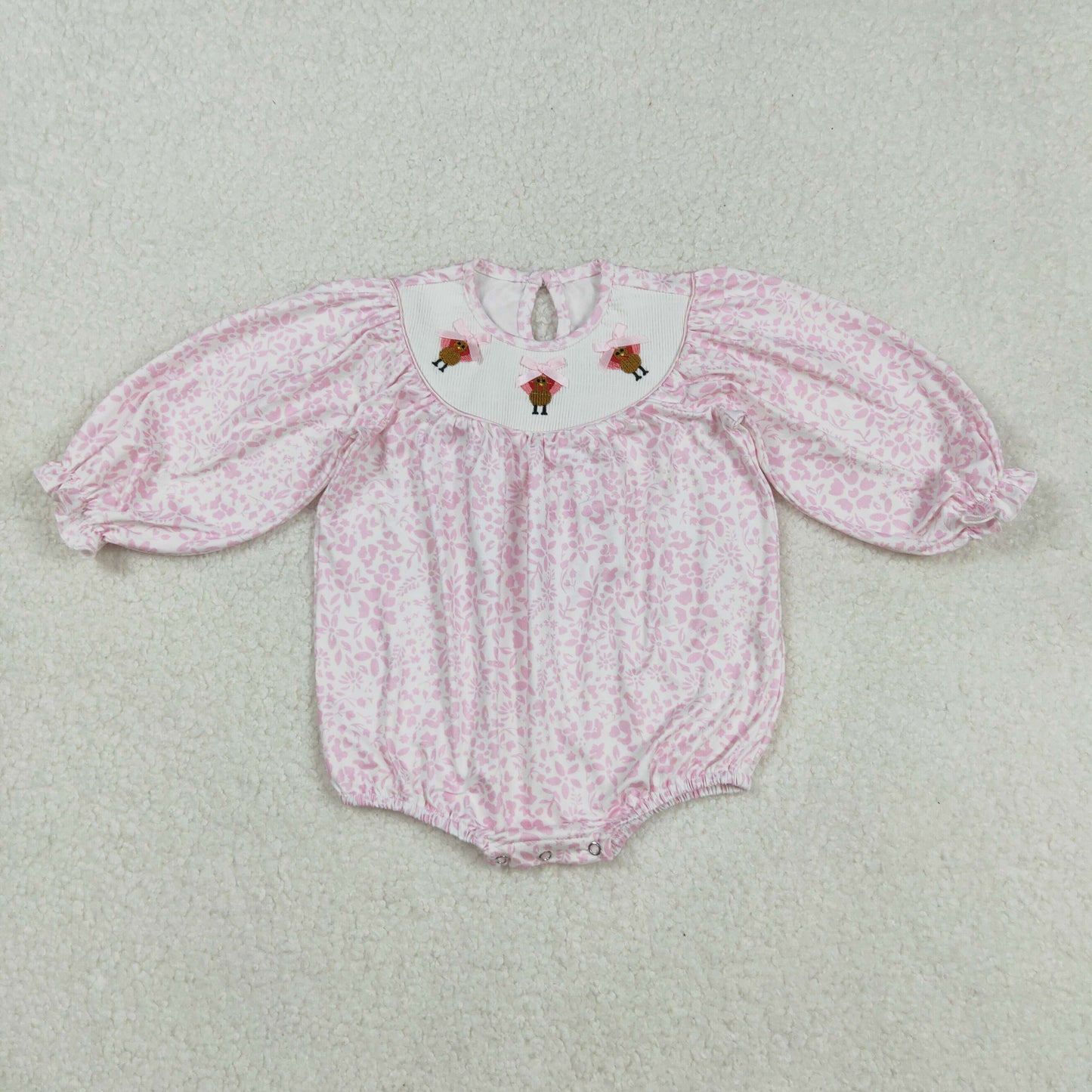 RTS NO MOQ （In stock）LR2184 Baby Girls Winter Rompers Pink Flowers Smocked Rompers Thanksgiving Turkey Outfit