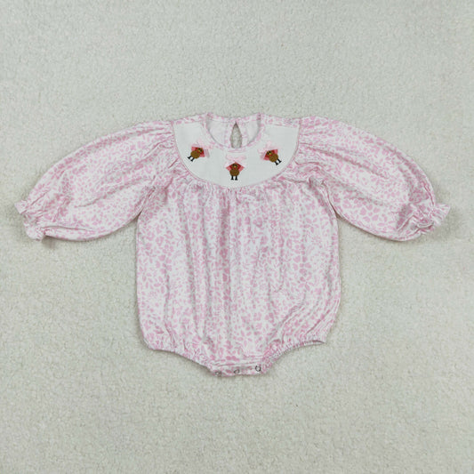 RTS NO MOQ （In stock）LR2184 Baby Girls Winter Rompers Pink Flowers Smocked Rompers Thanksgiving Turkey Outfit