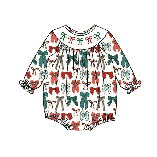 4.26 LR2185 Pre order Long sleeves green red bow girls Christmas romper