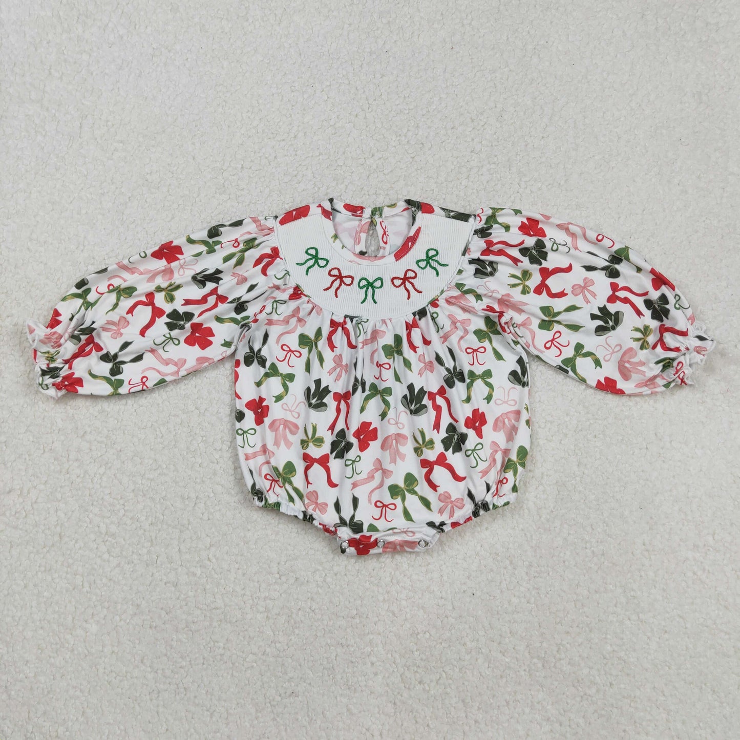 RTS NO MOQ （In stock）LR2185 Baby Girls Winter Rompers  Christmas Romper Long Sleeves Green Red Bow Cute Holiday Outfit for Kids