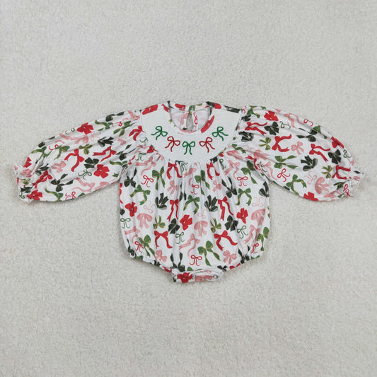 RTS NO MOQ （In stock）LR2185 Baby Girls Winter Rompers  Christmas Romper Long Sleeves Green Red Bow Cute Holiday Outfit for Kids