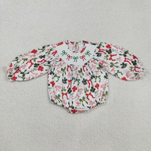 9.24 RTS Smocked Embroidery Sibling Baby Girls Green Red Bows Christmas Knee Length Dresses