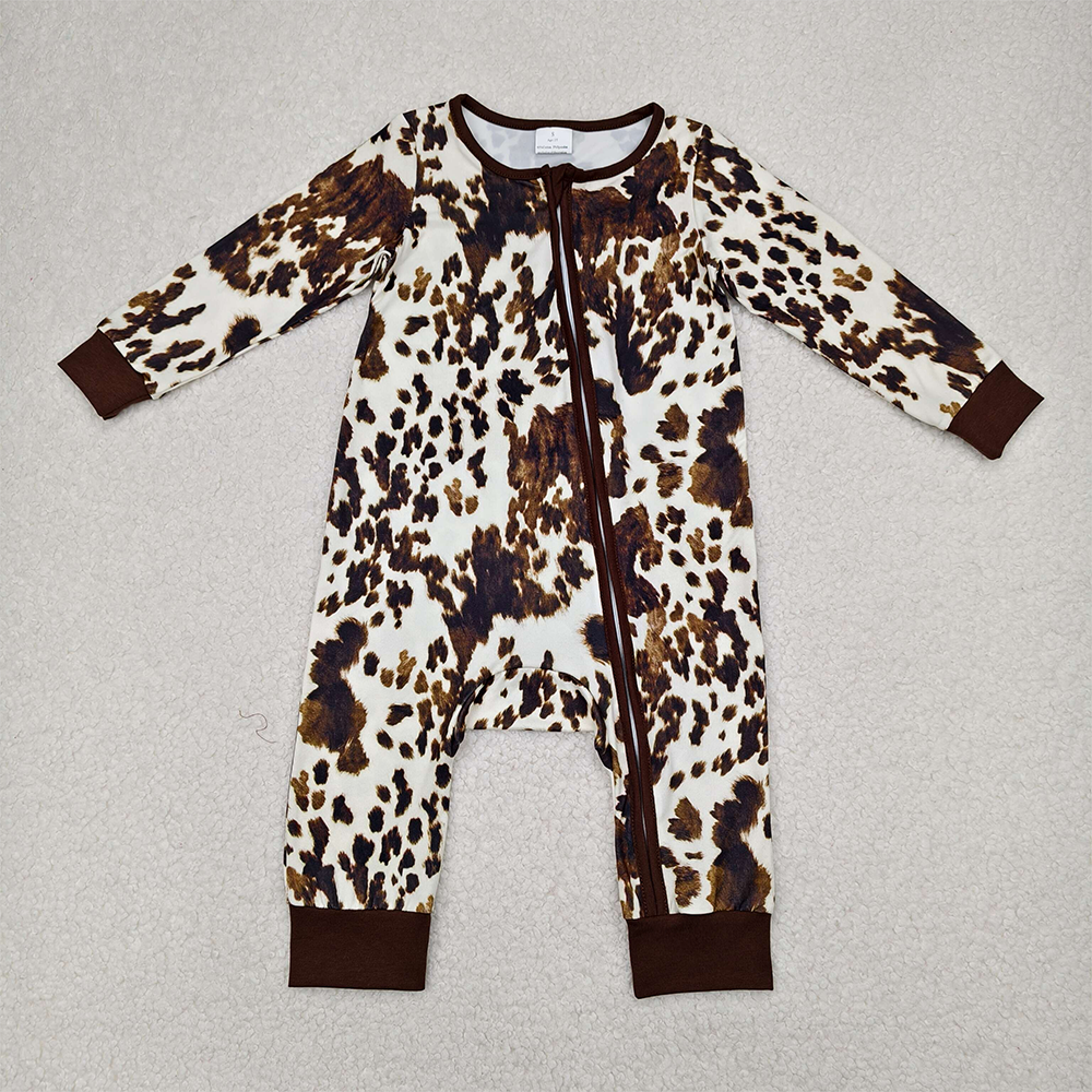 7.22  LR2189 RTS NO MOQ Baby Boys Winter Rompers Cute Baby Cow Print Long Sleeve Zipper Romper