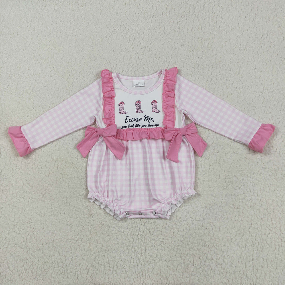 LR2190RTS NO MOQ Baby Girls Winter Rompers Baby Infant Girls Pink Plaid Boots Bows Rompers