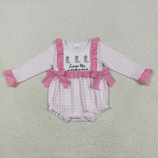 LR2190RTS NO MOQ Baby Girls Winter Rompers Baby Infant Girls Pink Plaid Boots Bows Rompers