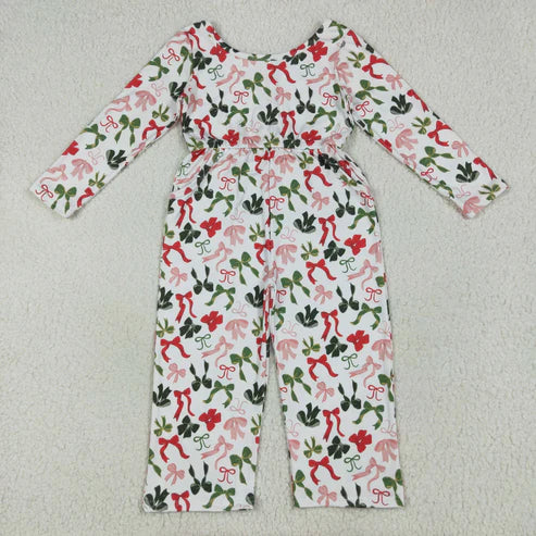 9.24 RTS Sibling Baby Girls Christmas Green Red Bows Pockets Jumpsuits Knee Length Dress