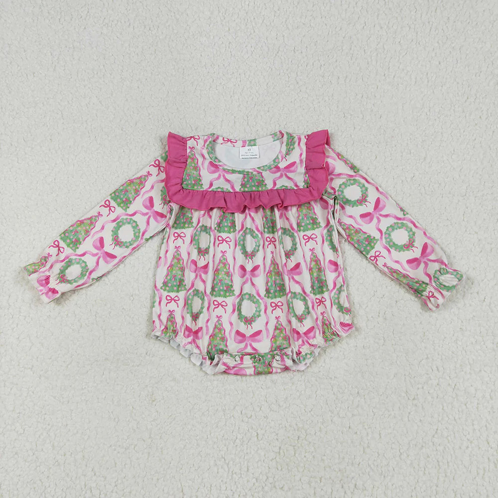 10.2 RTS Sibling Baby Girls Christmas Trees Bows Rompers Outfits Sets
