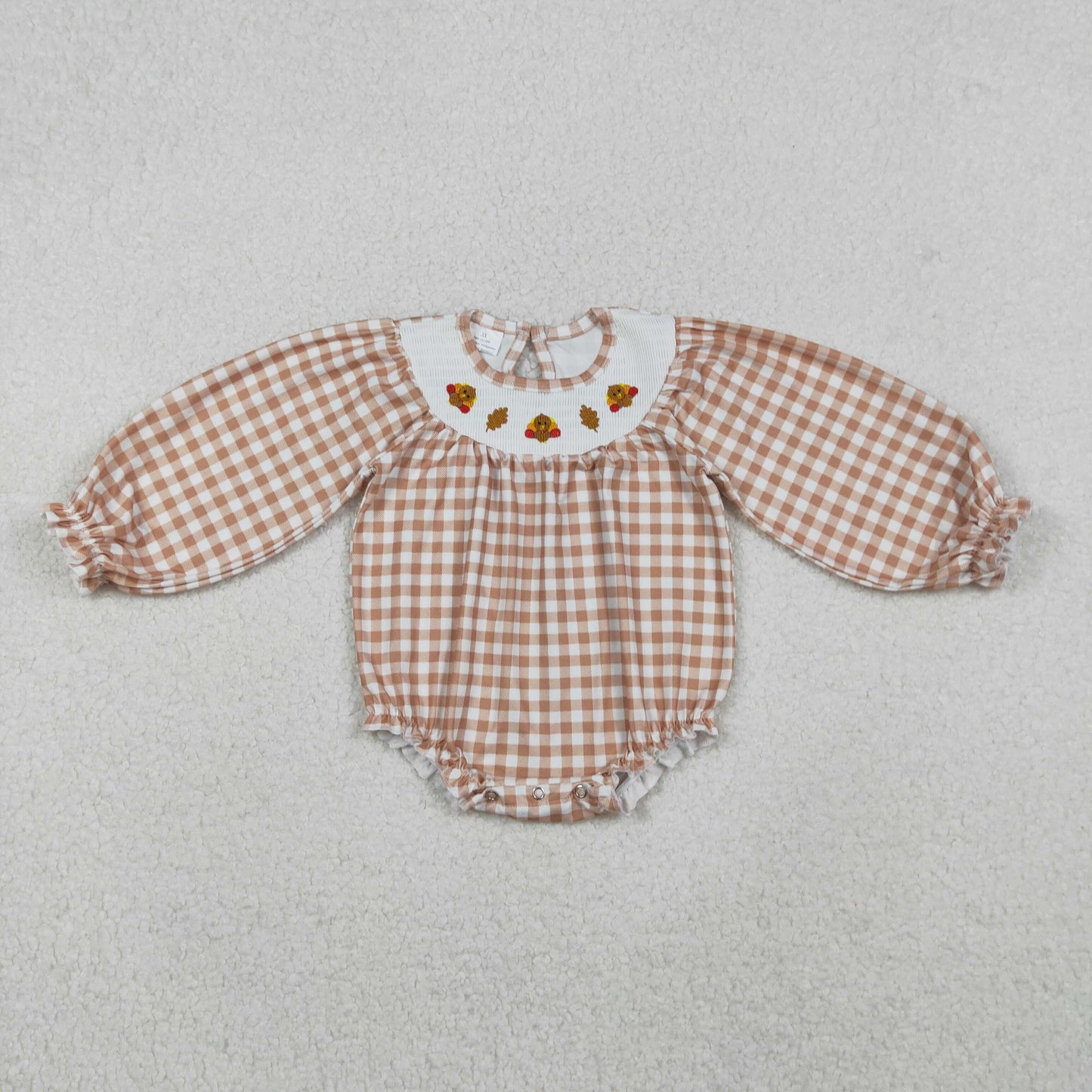 10.27 RTS NO MOQ （In stock）LR2205 Baby Girls Winter Rompers Smocked Turkey Leaves Baby Girls Khaki Checked Thanksgiving Ruffle Rompers