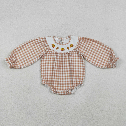 10.27 RTS NO MOQ （In stock）LR2205 Baby Girls Winter Rompers Smocked Turkey Leaves Baby Girls Khaki Checked Thanksgiving Ruffle Rompers