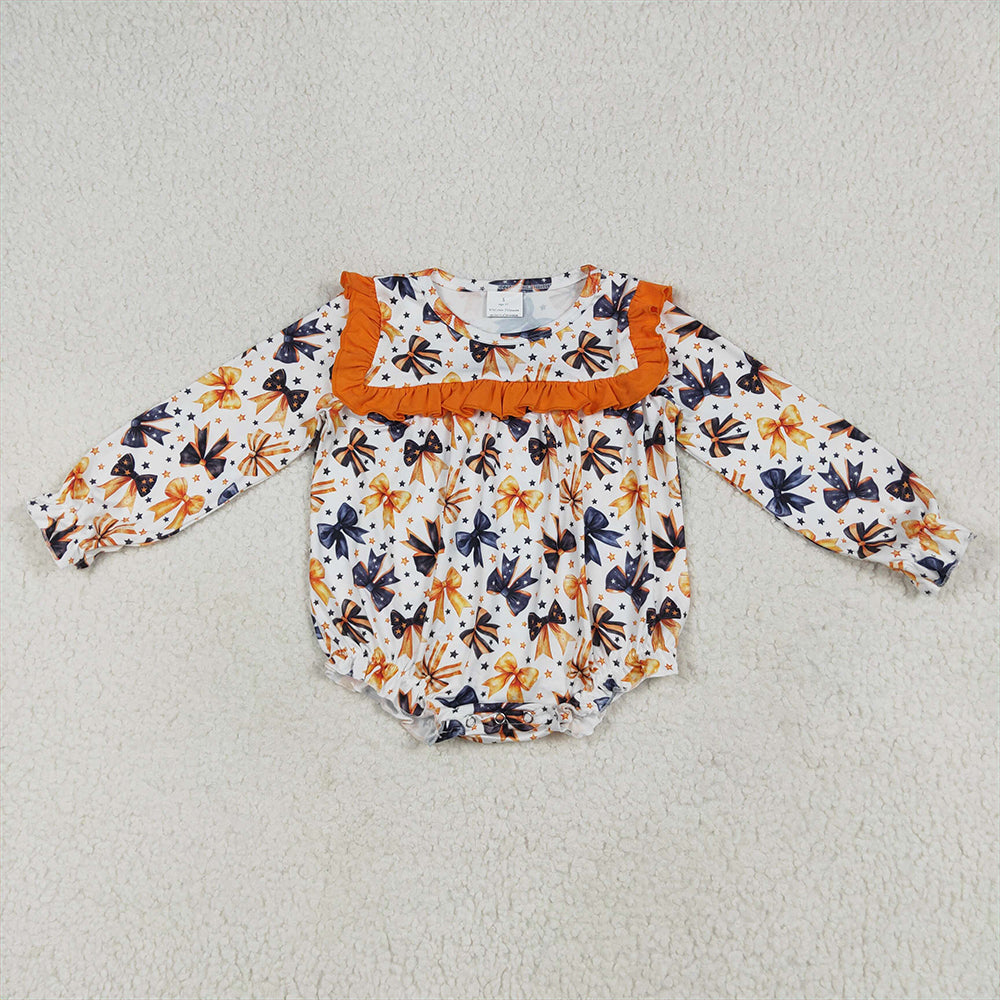 RTS NO MOQ （In stock）LR2207 Baby Girls Winter Rompers Baby Girls Halloween Colorful Bows Stars Ruffle Rompers