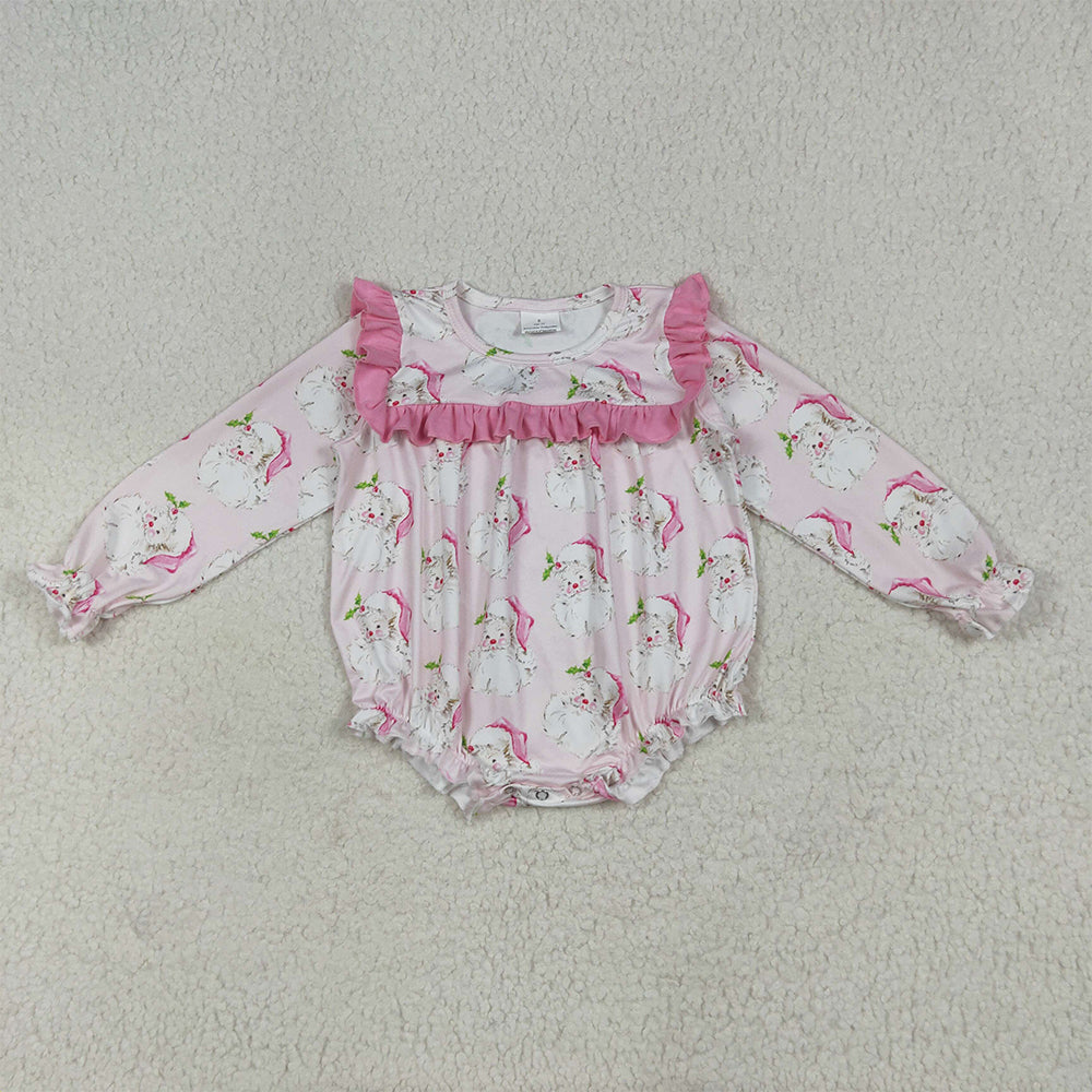 RTS NO MOQ （In stock）LR2208 Baby Girls Winter Rompers Baby Girls Christmas Pink Santa Ruffle Rompers