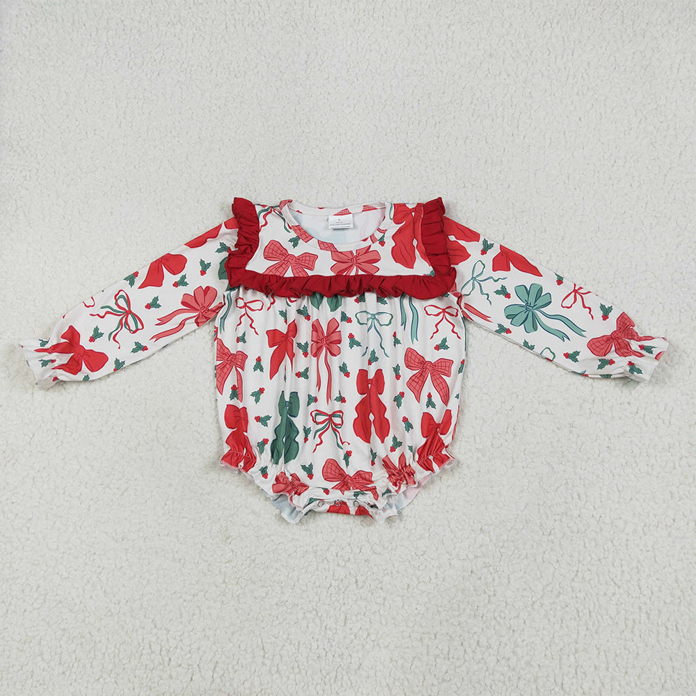 8.14 LR2209RTS NO MOQ Baby Girls Winter Rompers Baby Girls Long Sleeves Red Green Bows Ruffle Rompers