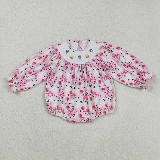 RTS NO MOQ （In stock）LR2216 Baby Girls Winter Rompers Pink Flowers Smocked Rompers Thanksgiving Turkey Outfit Cute Baby Girl Clothing Holiday Rompers