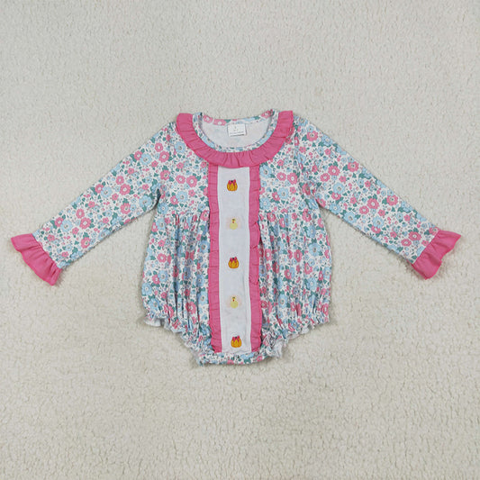 7.10 LR2219 RTS NO MOQ Baby Girls Winter Rompers Embroidery Baby Girls Long Sleeves Turkey Pumpkins Floral Ruffle Rompers