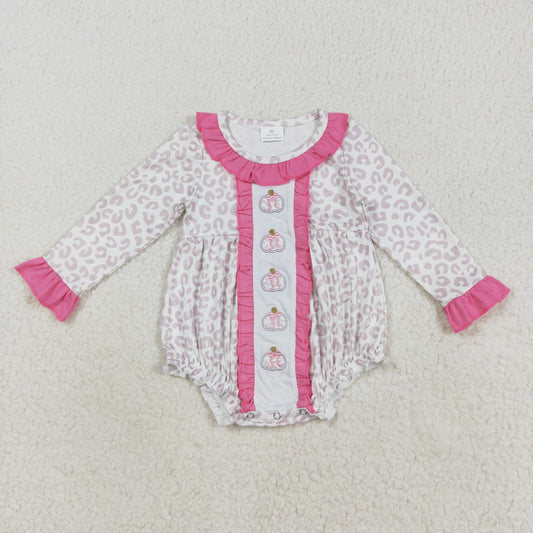 RTS NO MOQ （In stock）LR2220 Baby Girls Winter Rompers Embroidery Bows Pumpkins Baby Girls Leopard Fall Ruffle Rompers