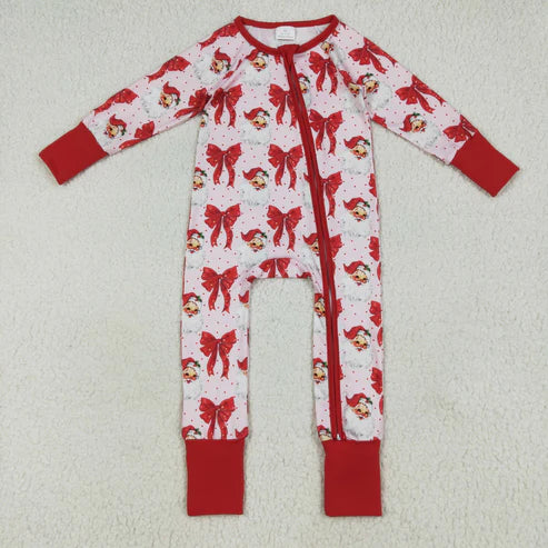 9.23 RTS Sibling Baby Girls Red Bows Santa Christmas Zipper Footie Rompers Button Fur Pajamas Sets