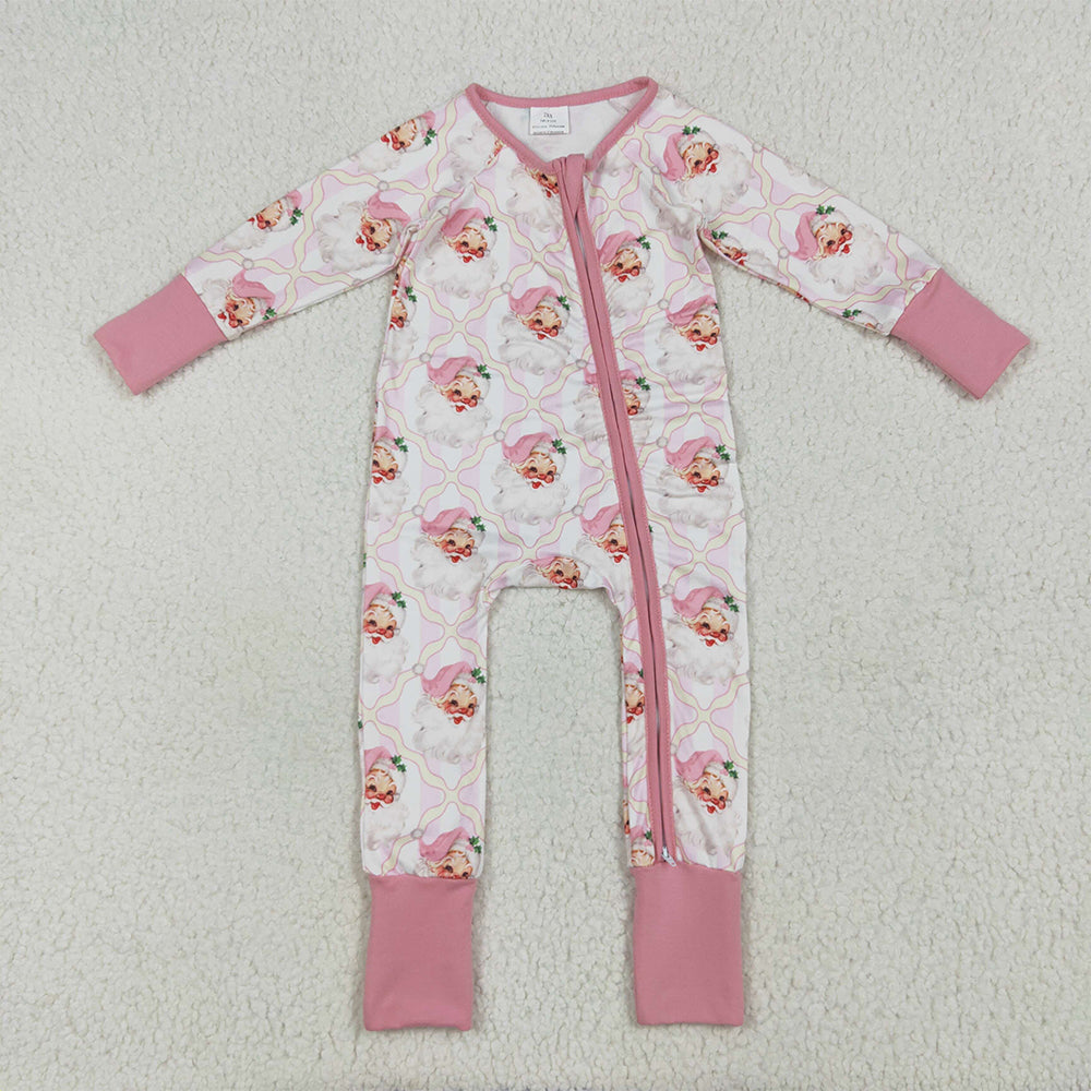 8.16  LR2224RTS NO MOQ Baby Girls Winter Rompers  Baby Girls Long Sleeves Pink Santa Plaid Zipper Rompers