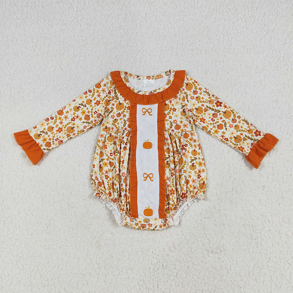 8.16  LR2228 RTS NO MOQ Baby Girls Winter Rompers Embroidery Baby Girls Long Sleeves Bows Pumpkins Floral Ruffle Rompers