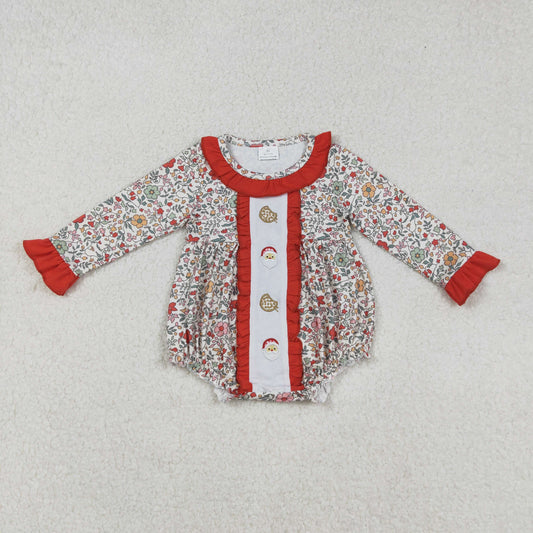 RTS NO MOQ （In stock）LR2232 Baby Girls Winter Rompers Floral Santa Cookie Baby Girls Christmas Romper Holiday Outfit for Infants