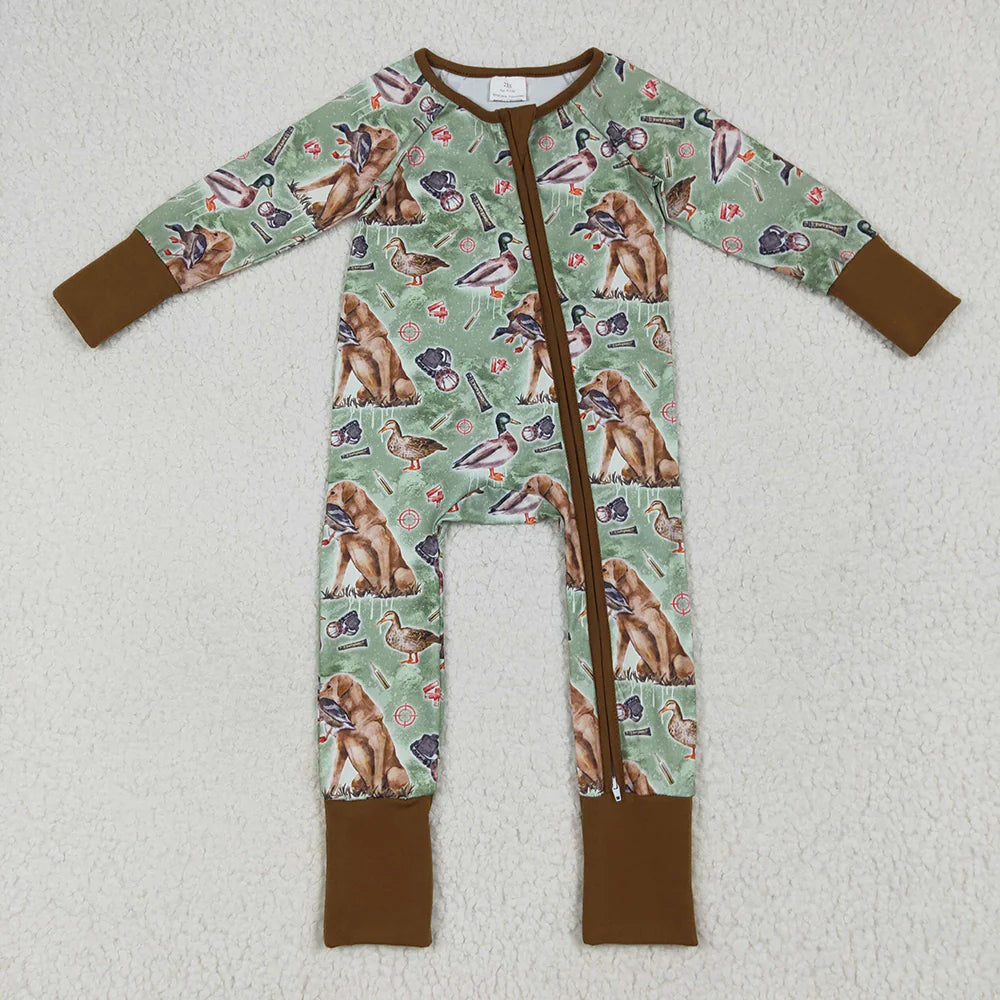 10.2 RTS Sibling Baby Boys Green Dogs Ducks Hunting Rompers Pajamas Sets